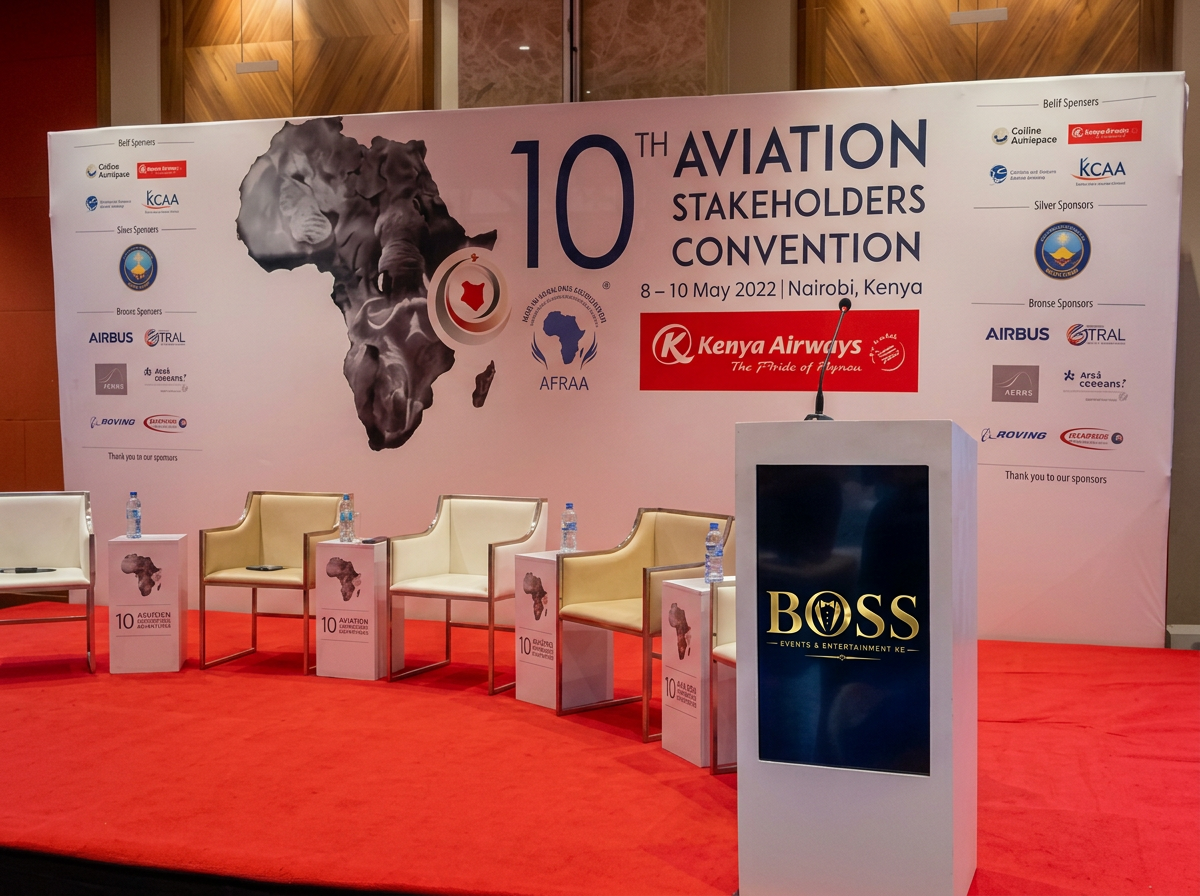 Branded digital podium on a conference stage in Nairobi
