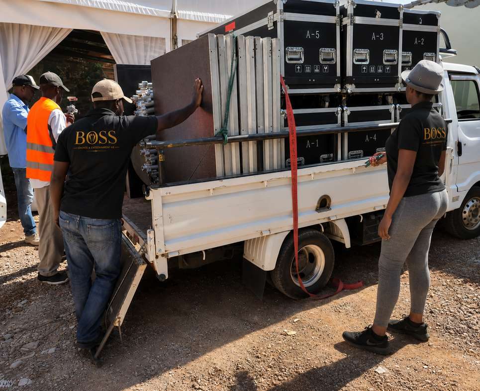 Boss Events production crew loading equipment in Nairobi