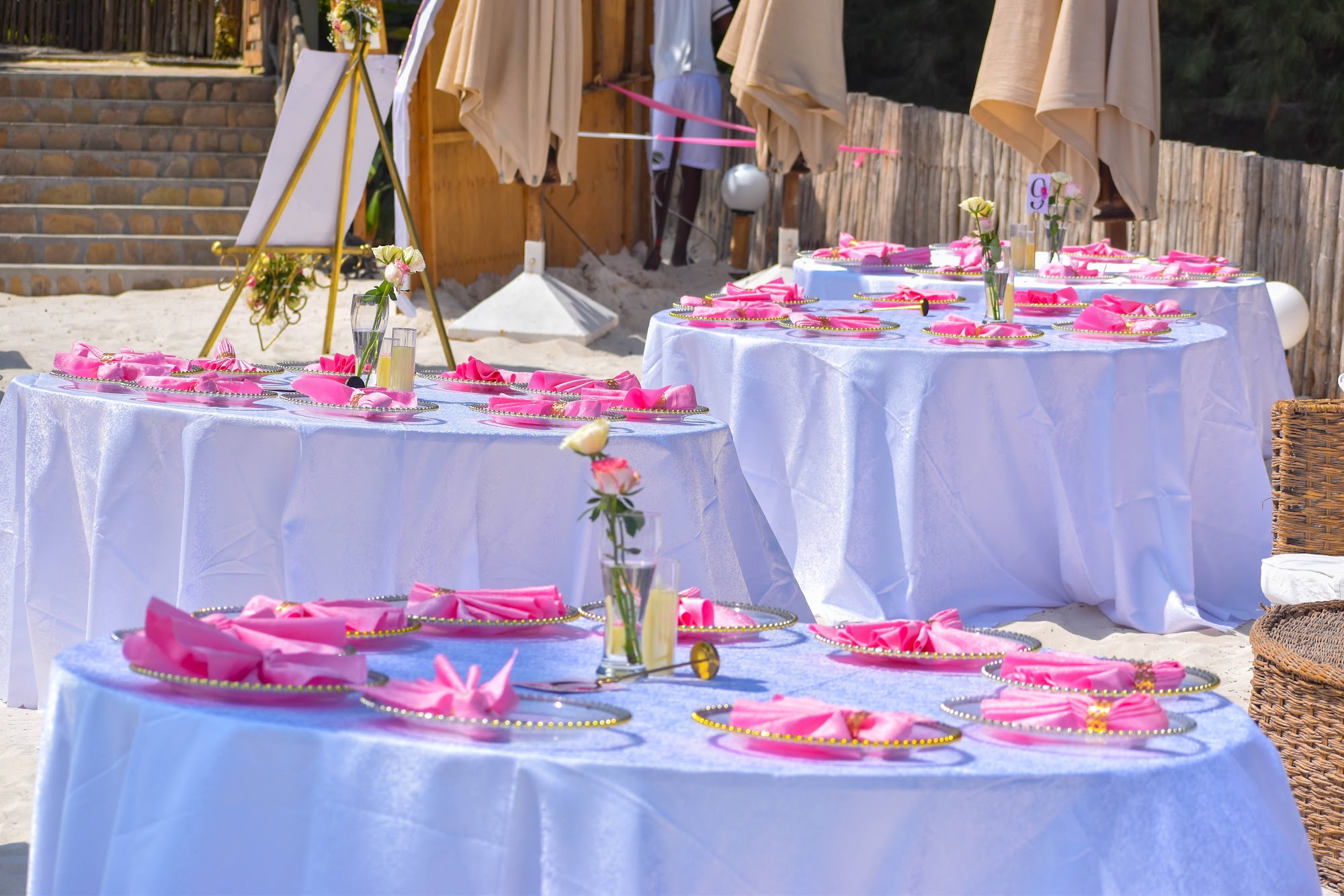 Beach wedding reception table setting in Kenya